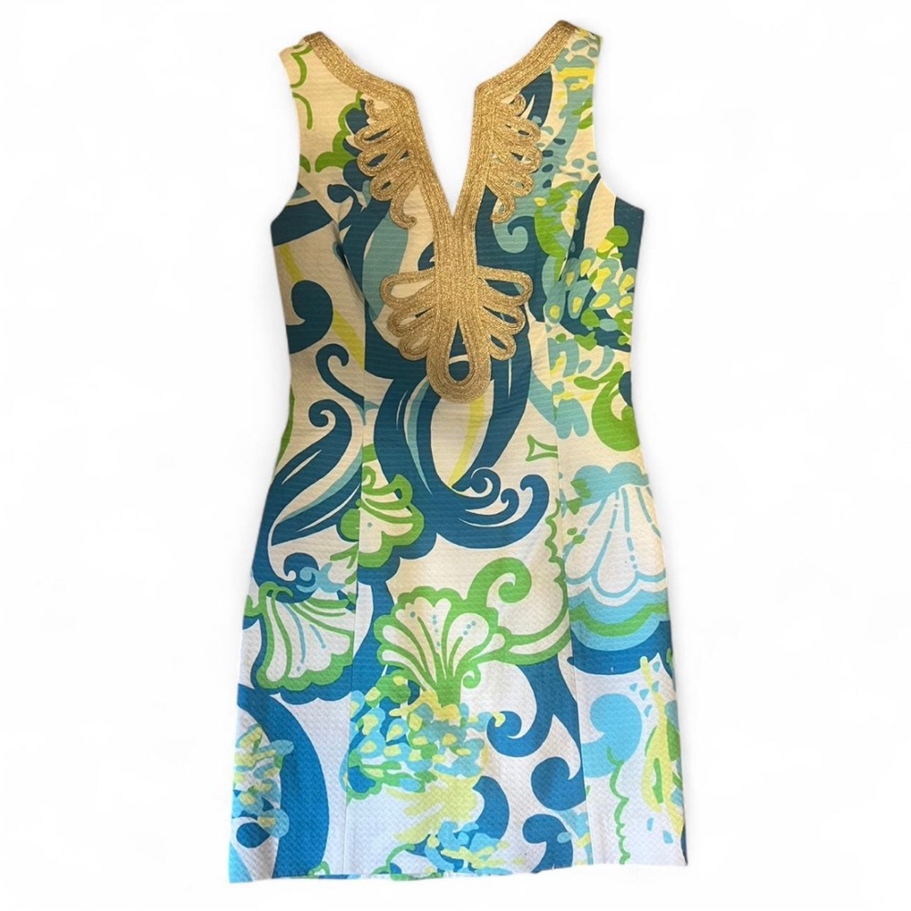 Lilly Pulitzer Janice Shift Blue and Green Mini Dress with Gold Detail